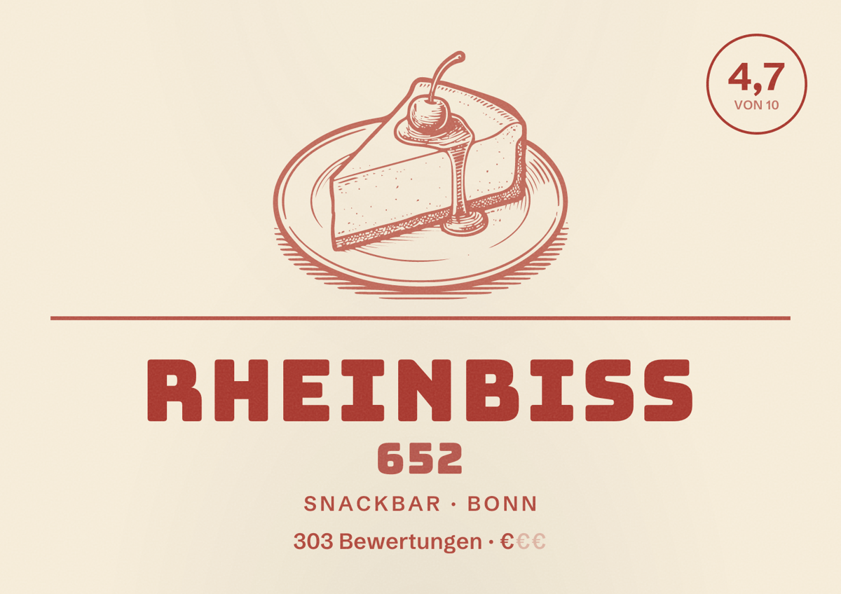 Illustriertes Poster von Rheinbiss 652, Snackbar in Bonn: Bewertung 4,7 von 10 aus 303 Bewertungen, Preisniveau €