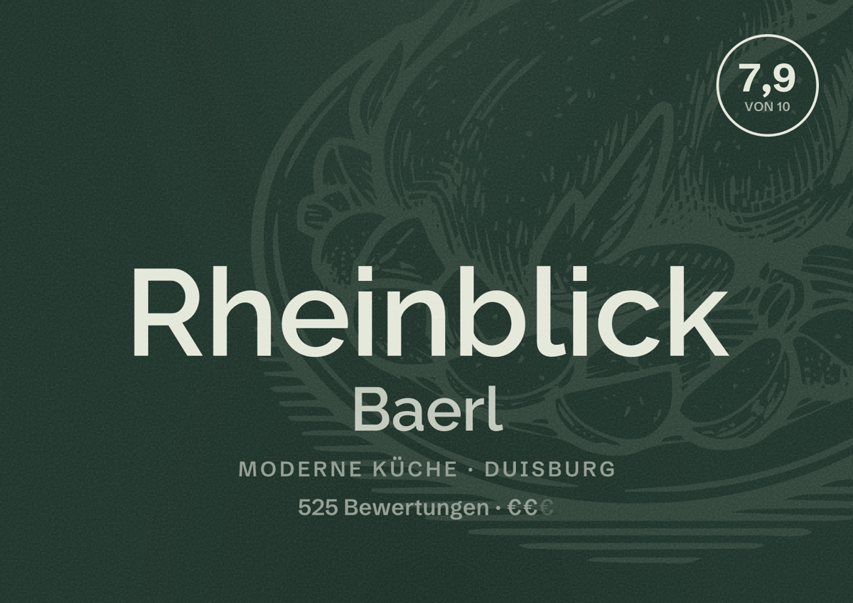 Illustriertes Poster von Rheinblick Baerl, Moderne Küche in Duisburg: Bewertung 7,9 von 10 aus 525 Bewertungen, Preisniveau €€