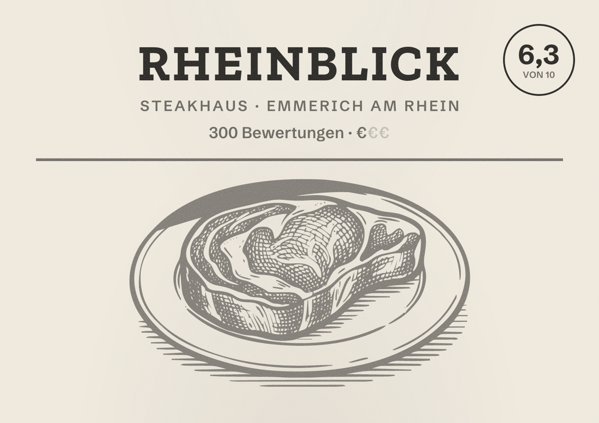 Illustriertes Poster von Rheinblick, Steakhaus in Emmerich am Rhein: Bewertung 6,3 von 10 aus 300 Bewertungen, Preisniveau €