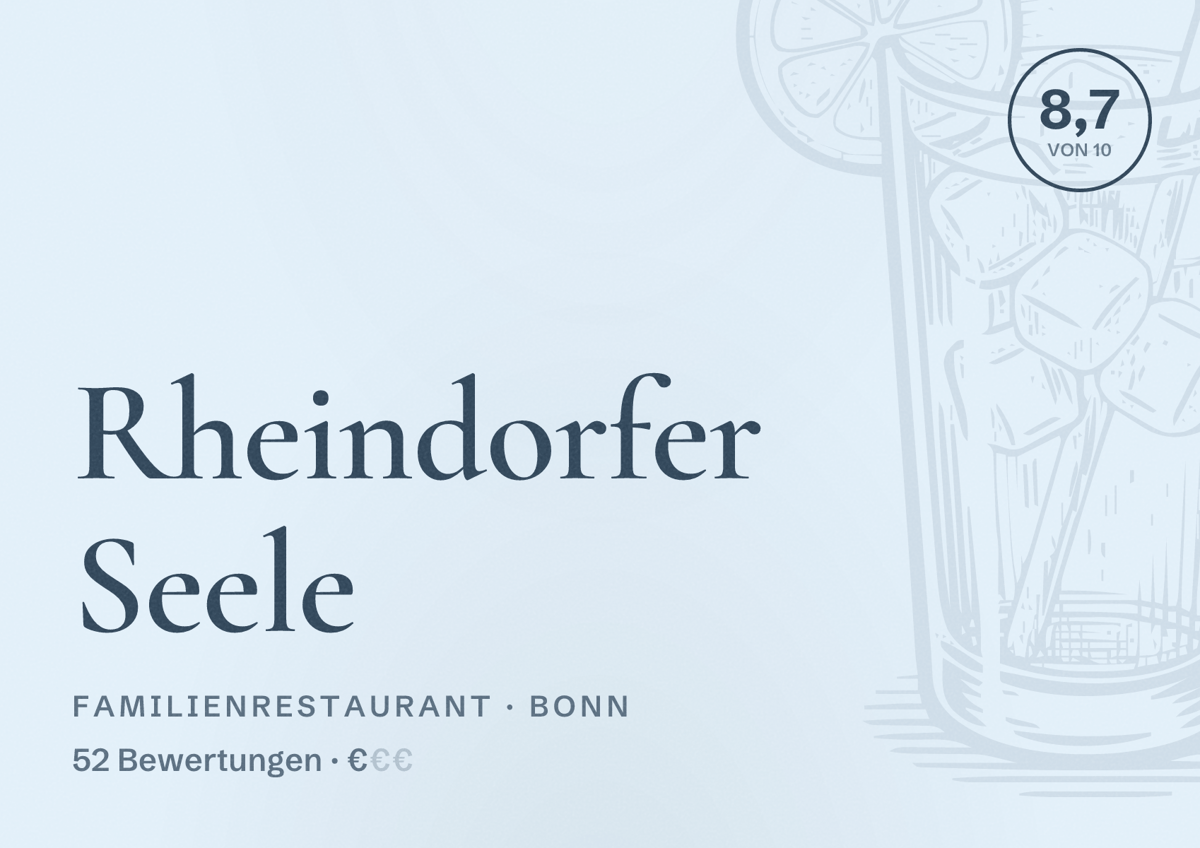 Illustriertes Poster von Rheindorfer Seele, Familienrestaurant in Bonn: Bewertung 8,7 von 10 aus 52 Bewertungen, Preisniveau €