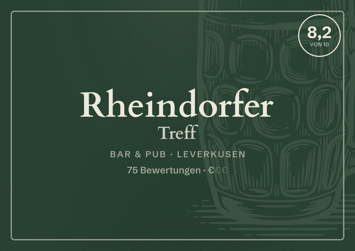 Illustriertes Poster von Rheindorfer Treff, Bar & Pub in Leverkusen: Bewertung 8,2 von 10 aus 75 Bewertungen, Preisniveau €
