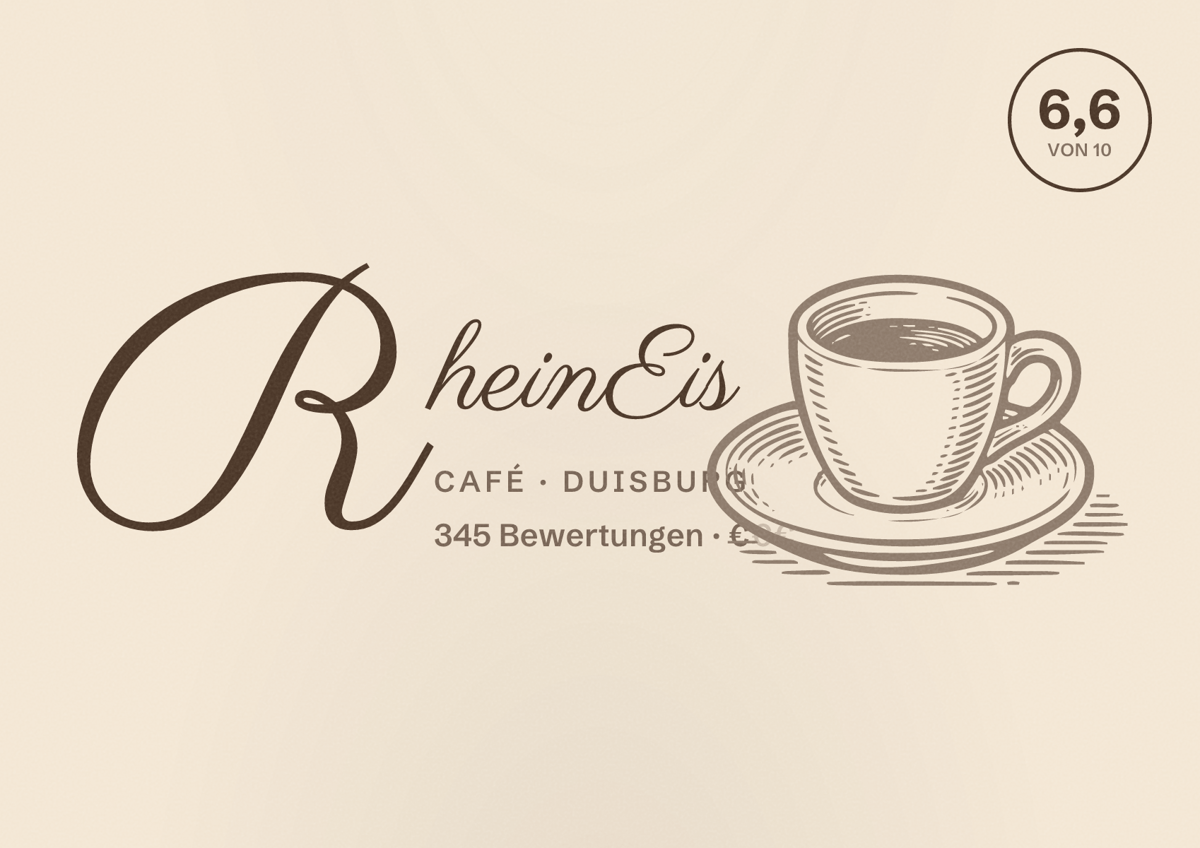 Illustriertes Poster von RheinEis, Café in Duisburg: Bewertung 6,6 von 10 aus 345 Bewertungen, Preisniveau €
