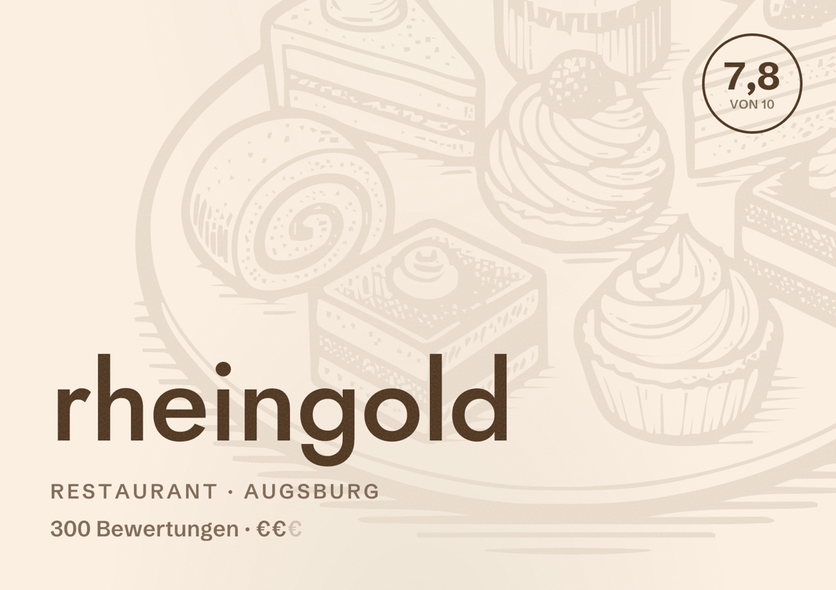 Illustriertes Poster von rheingold, Restaurant in Augsburg: Bewertung 7,8 von 10 aus 300 Bewertungen, Preisniveau €€