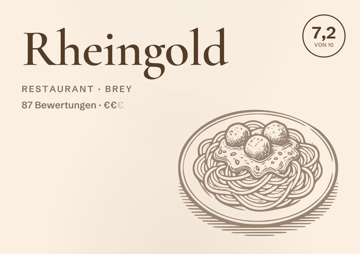 Illustriertes Poster von Rheingold, Restaurant in Brey: Bewertung 7,2 von 10 aus 87 Bewertungen, Preisniveau €€