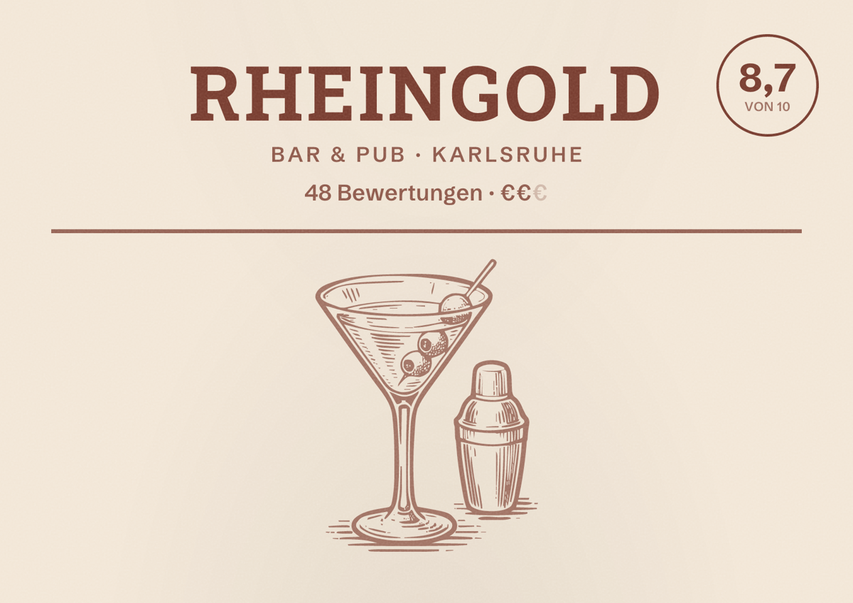 Illustriertes Poster von Rheingold, Bar & Pub in Karlsruhe: Bewertung 8,7 von 10 aus 48 Bewertungen, Preisniveau €€