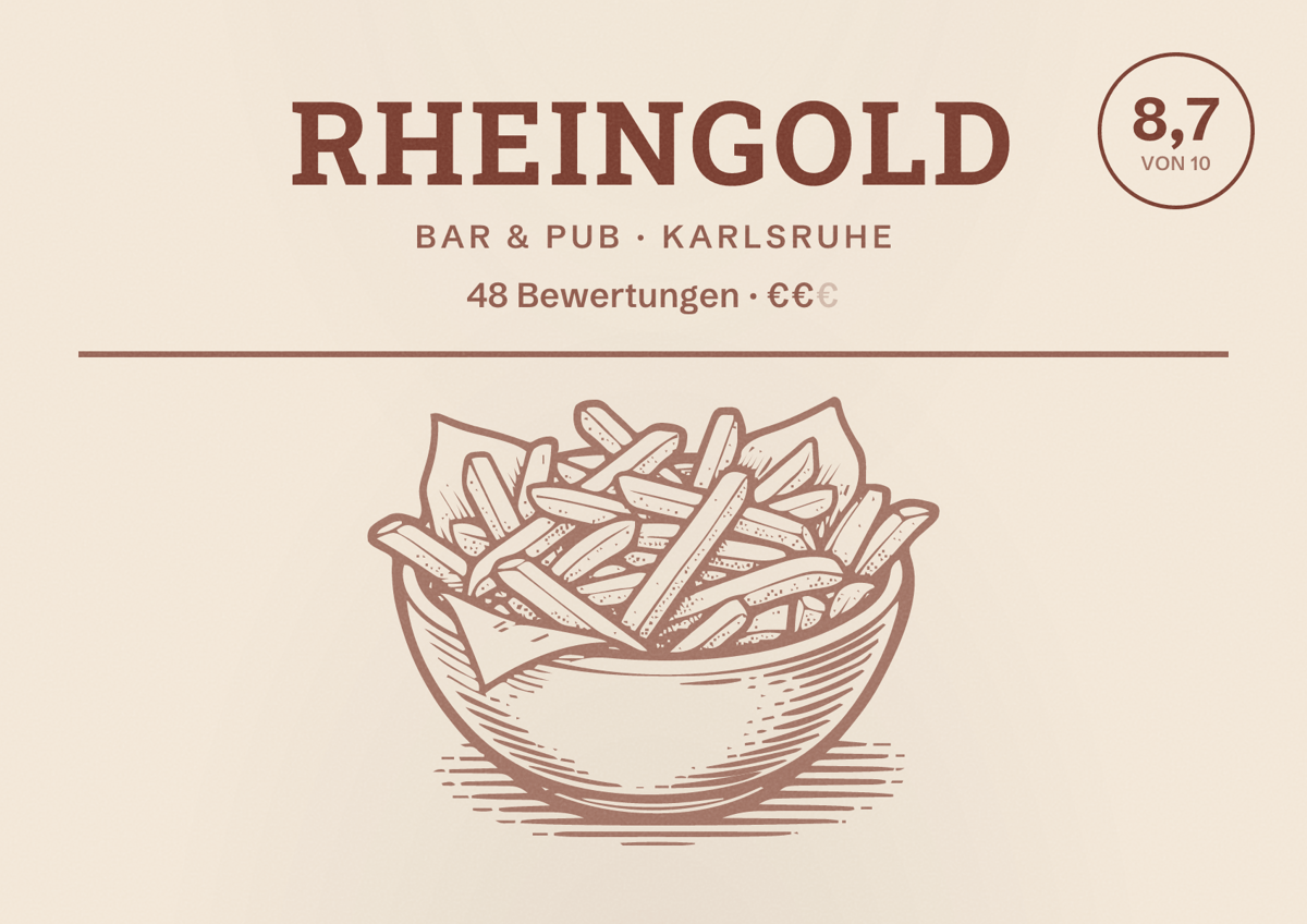 Illustriertes Poster von Rheingold, Bar & Pub in Karlsruhe: Bewertung 8,7 von 10 aus 48 Bewertungen, Preisniveau €€