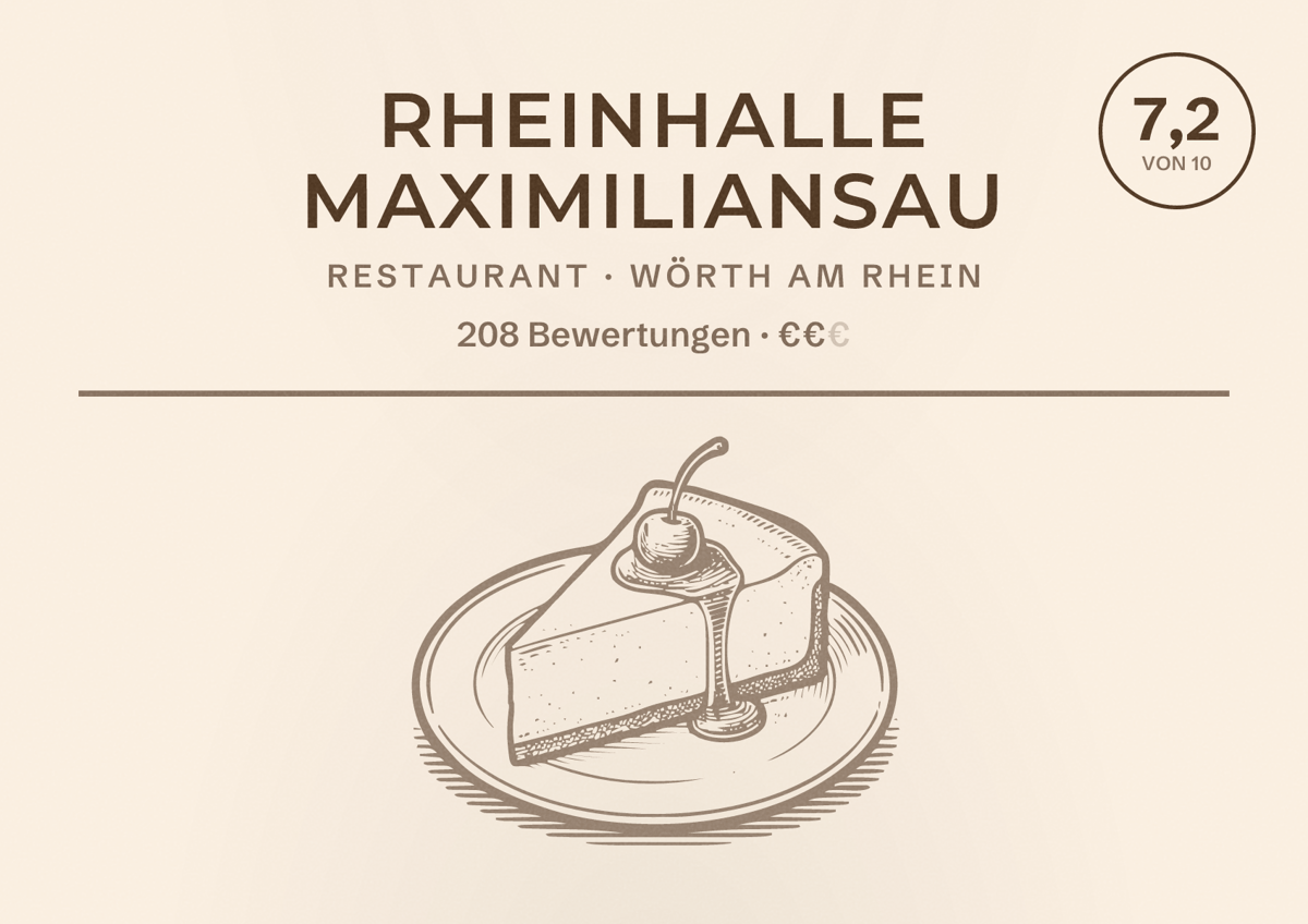 Illustriertes Poster von Rheinhalle Maximiliansau, Restaurant in Wörth am Rhein: Bewertung 7,2 von 10 aus 208 Bewertungen, Preisniveau €€
