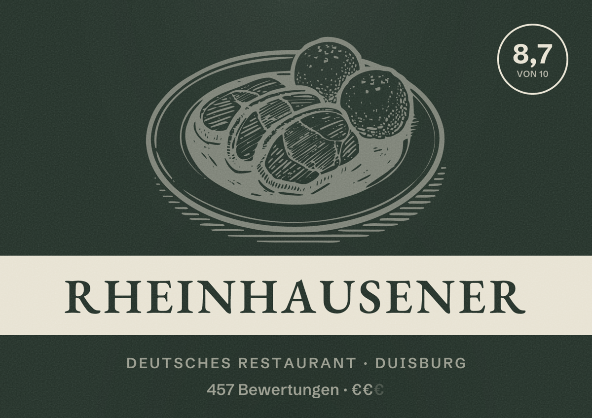 Illustriertes Poster von Rheinhausener, Deutsches Restaurant in Duisburg: Bewertung 8,7 von 10 aus 457 Bewertungen, Preisniveau €€