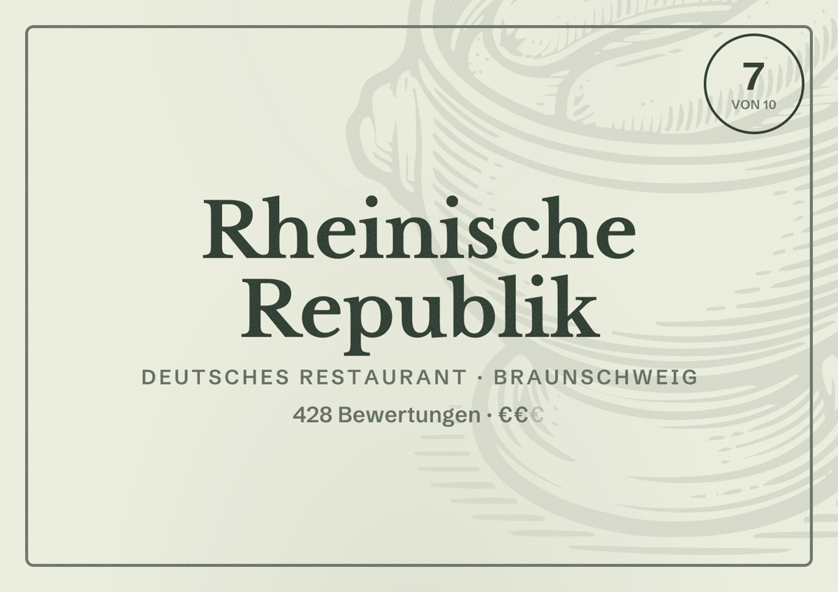 Illustriertes Poster von Rheinische Republik, Deutsches Restaurant in Braunschweig: Gästebewertung 7 von 10 aus 428 Bewertungen