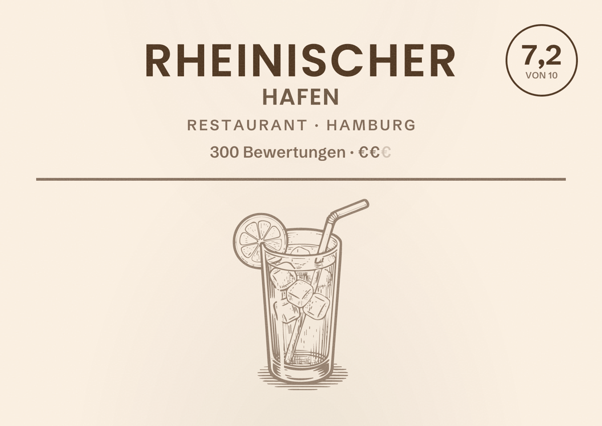 Illustriertes Poster von Rheinischer Hafen, Restaurant in Hamburg: Bewertung 7,2 von 10 aus 300 Bewertungen, Preisniveau €€