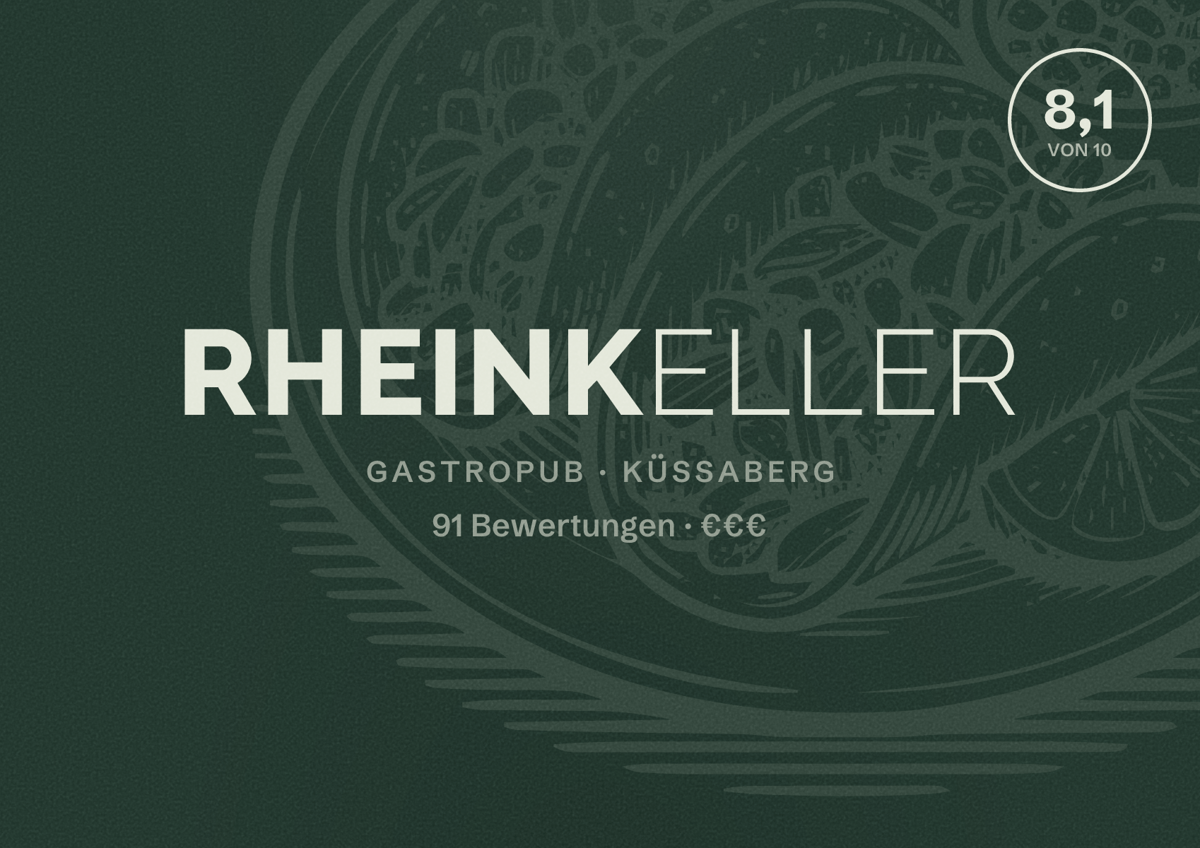 Illustriertes Poster von Rheinkeller, Gastropub in Küssaberg: Bewertung 8,1 von 10 aus 91 Bewertungen, Preisniveau €€€