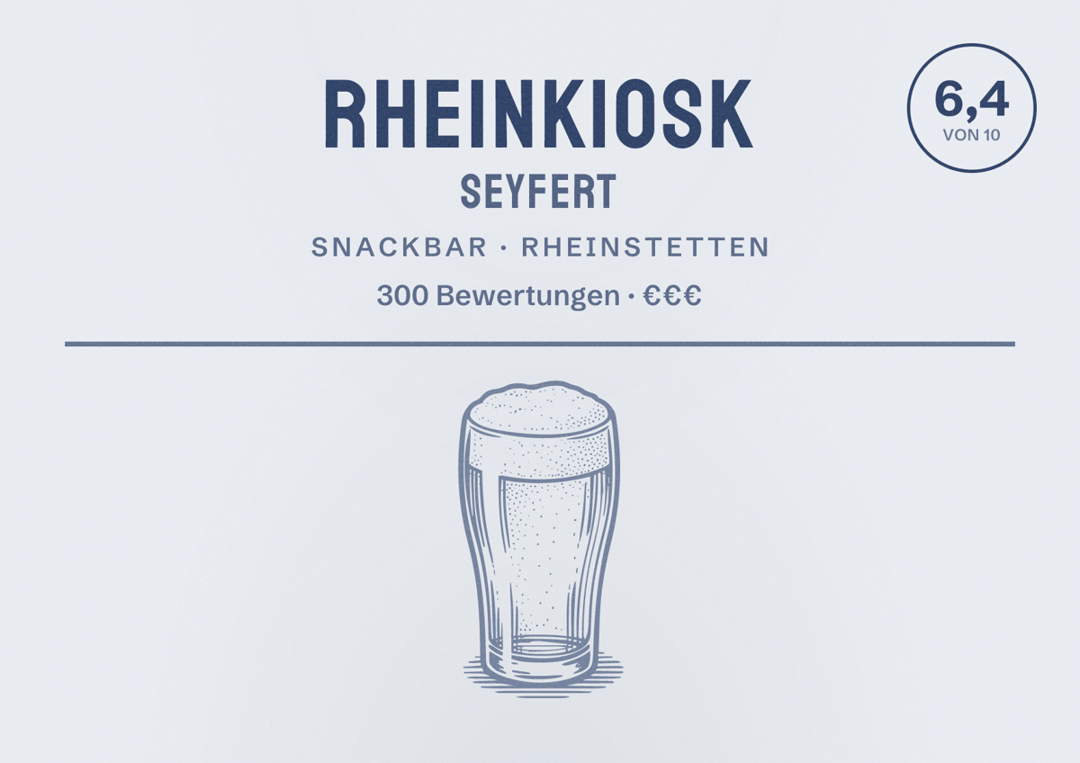Illustriertes Poster von Rheinkiosk Seyfert, Snackbar in Rheinstetten: Bewertung 6,4 von 10 aus 300 Bewertungen, Preisniveau €€€