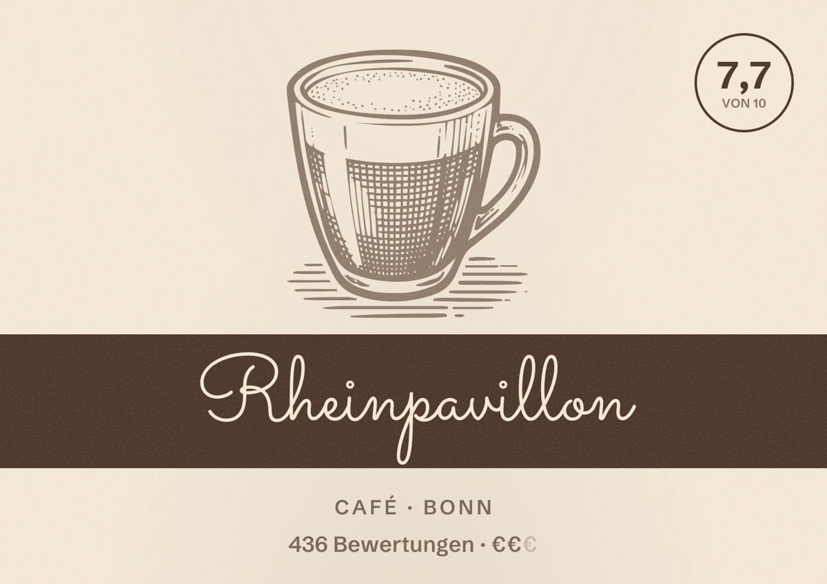 Illustriertes Poster von Rheinpavillon, Café in Bonn: Bewertung 7,7 von 10 aus 436 Bewertungen, Preisniveau €€