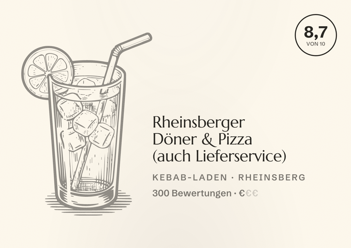 Illustriertes Poster von Rheinsberger Döner & Pizza (auch Lieferservice), Kebab-Laden in Rheinsberg: Bewertung 8,7 von 10 aus 300 Bewertungen, Preisniveau €