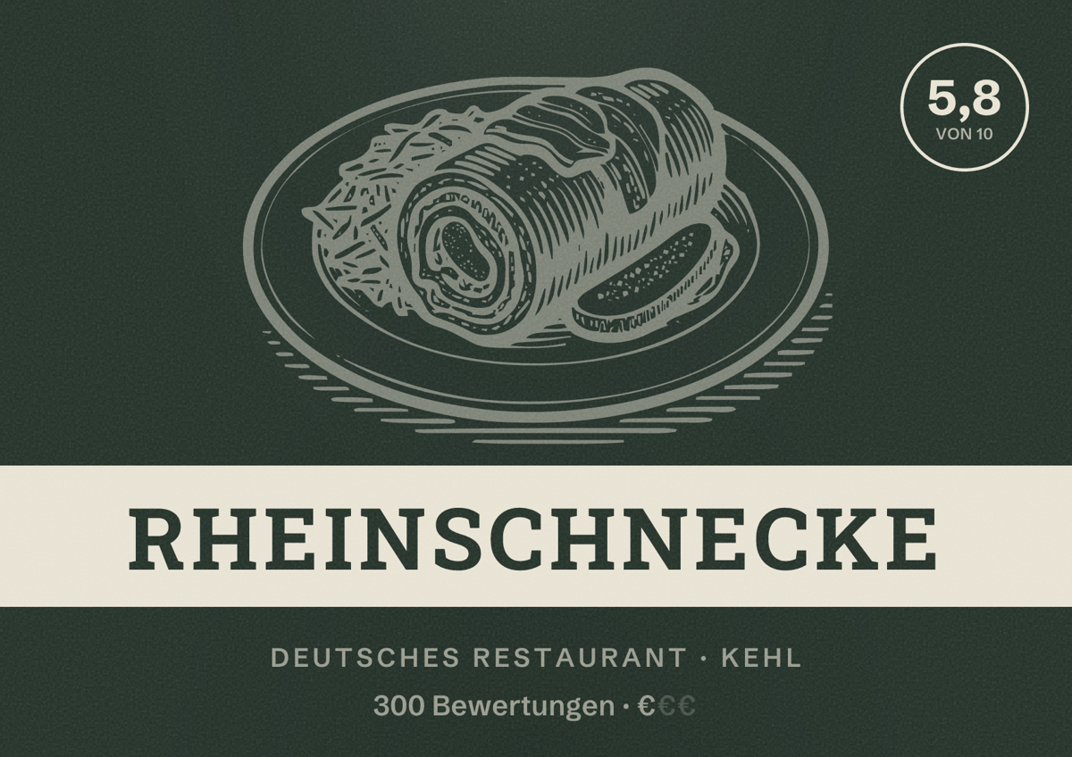 Illustriertes Poster von Rheinschnecke, Deutsches Restaurant in Kehl: Bewertung 5,8 von 10 aus 300 Bewertungen, Preisniveau €