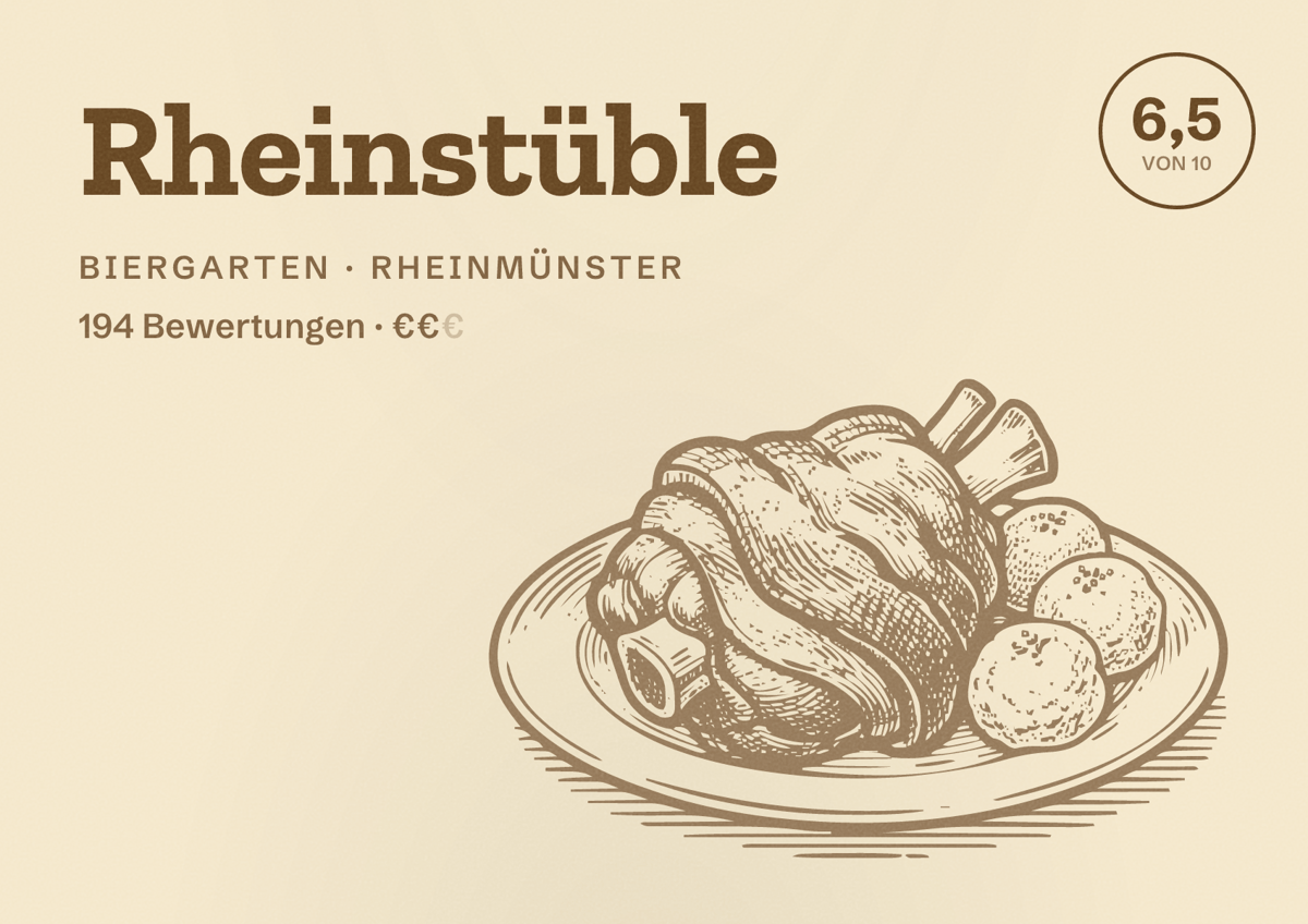 Illustriertes Poster von Rheinstüble, Biergarten in Rheinmünster: Bewertung 6,5 von 10 aus 194 Bewertungen, Preisniveau €€