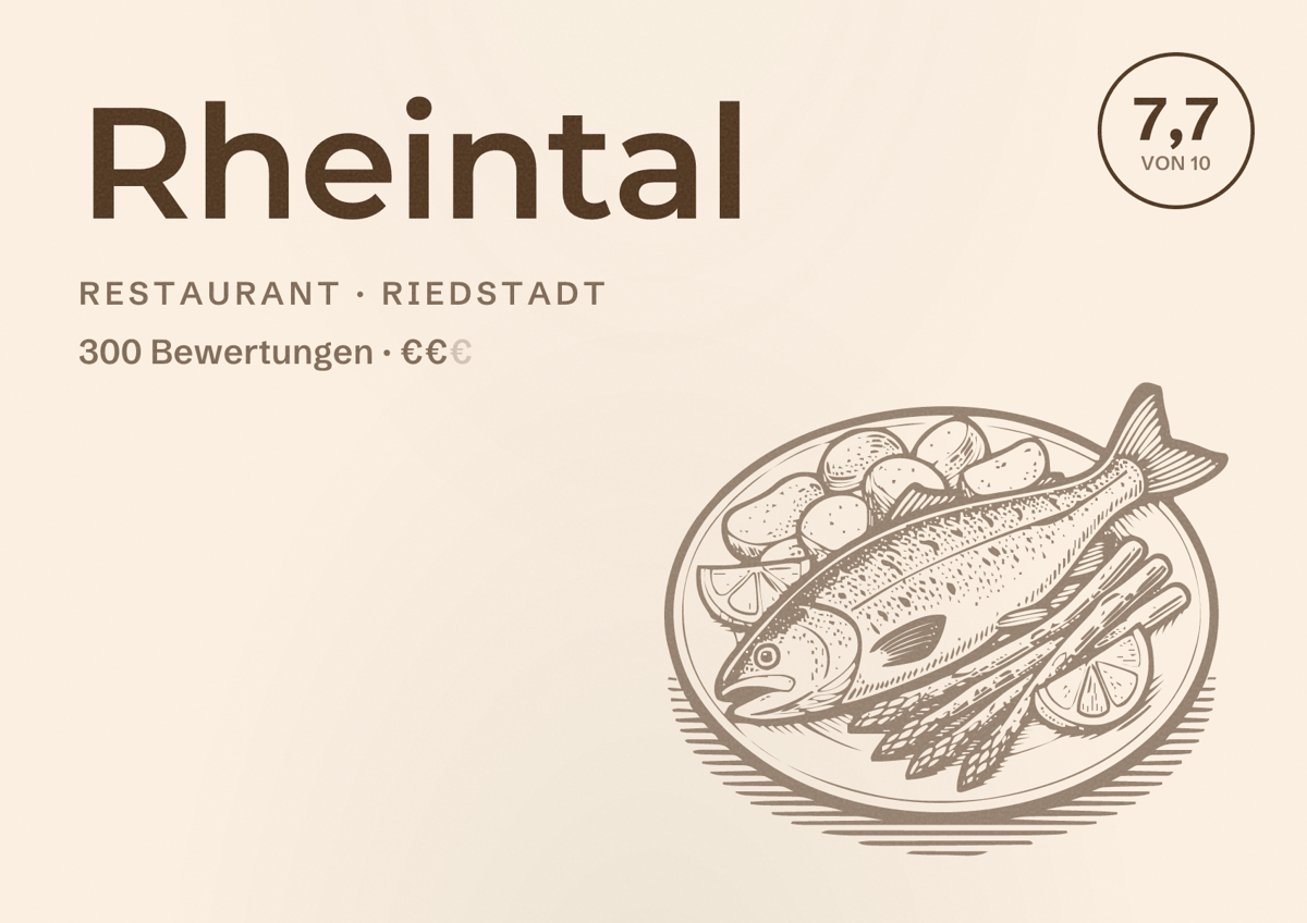 Illustriertes Poster von Rheintal, Restaurant in Riedstadt: Bewertung 7,7 von 10 aus 300 Bewertungen, Preisniveau €€
