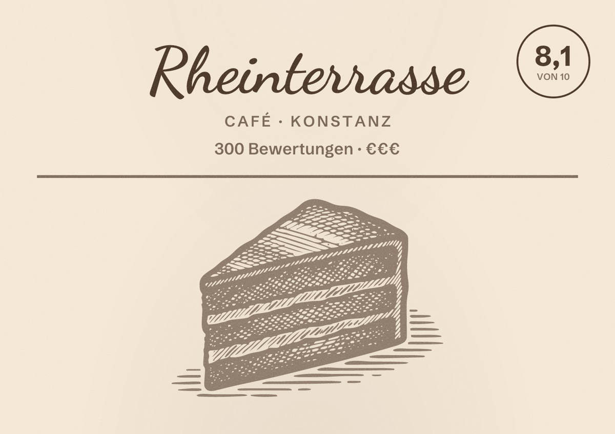 Illustriertes Poster von Rheinterrasse, Café in Konstanz: Bewertung 8,1 von 10 aus 300 Bewertungen, Preisniveau €€€
