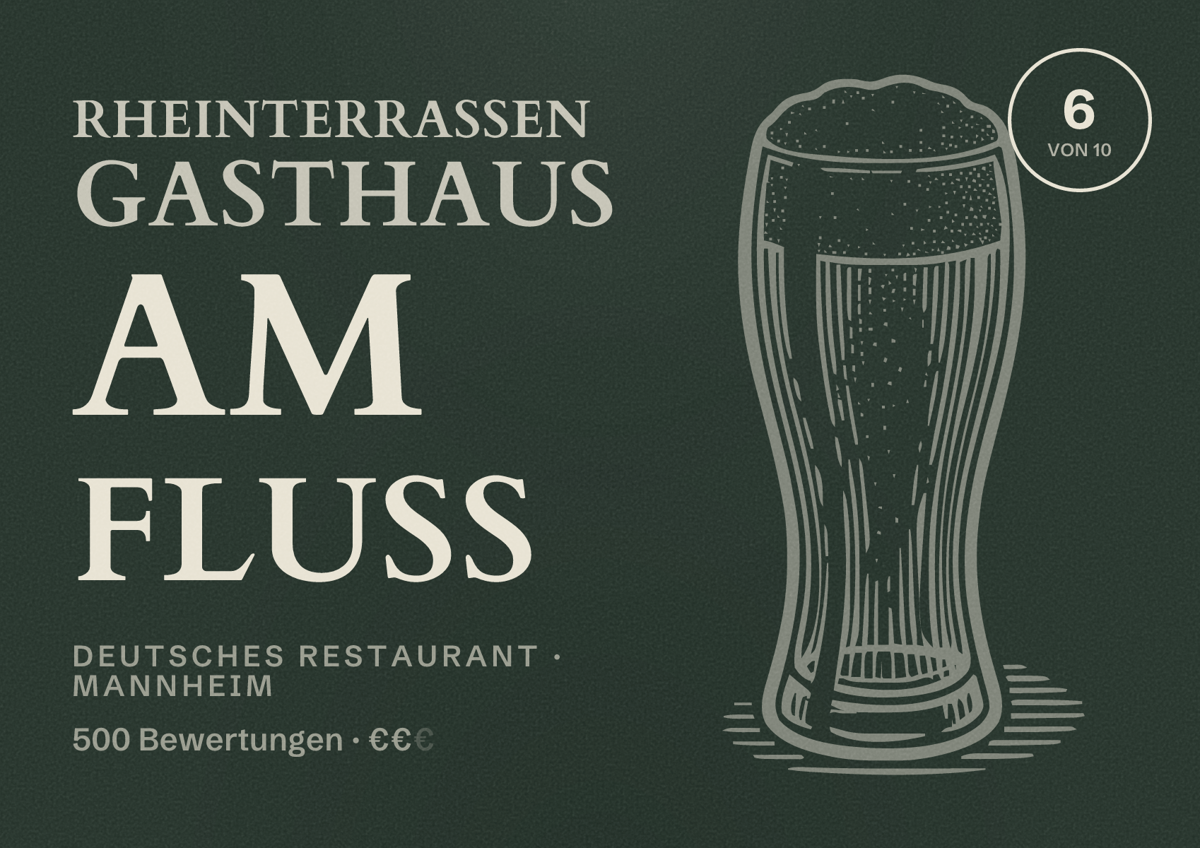 Illustriertes Poster von Rheinterrassen Gasthaus am Fluss, Deutsches Restaurant in Mannheim: Bewertung 6 von 10 aus 500 Bewertungen, Preisniveau €€