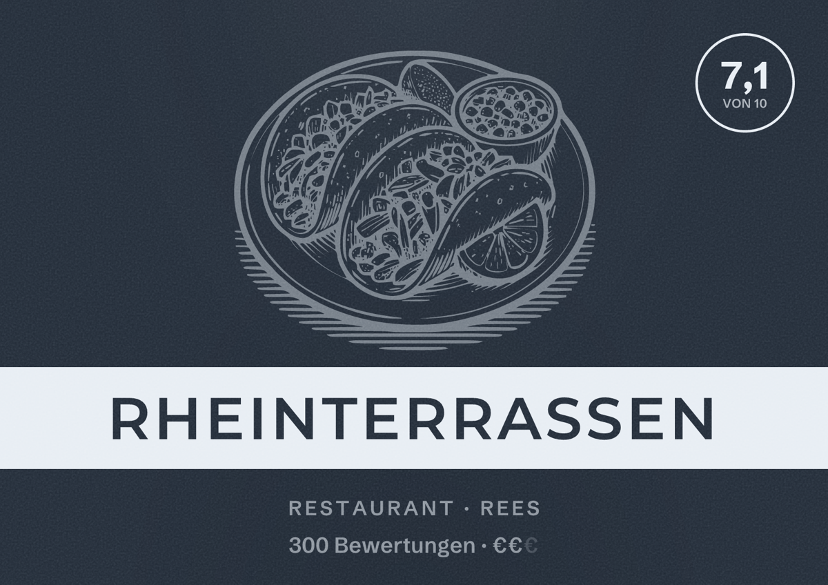 Illustriertes Poster von Rheinterrassen, Restaurant in Rees: Bewertung 7,1 von 10 aus 300 Bewertungen, Preisniveau €€
