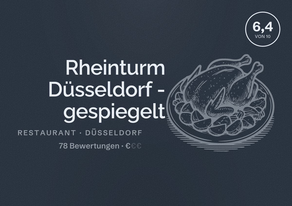 Illustriertes Poster von Rheinturm Düsseldorf - gespiegelt, Restaurant in Düsseldorf: Bewertung 6,4 von 10 aus 78 Bewertungen, Preisniveau €
