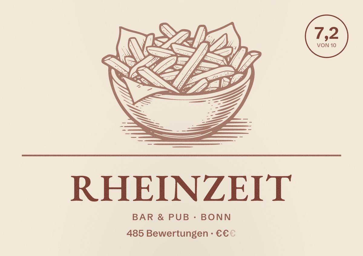 Illustriertes Poster von rheinzeit, Bar & Pub in Bonn: Bewertung 7,2 von 10 aus 485 Bewertungen, Preisniveau €€