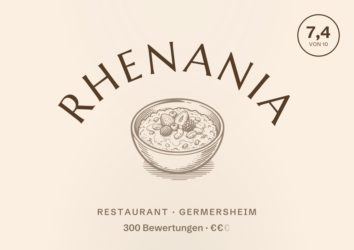 Illustriertes Poster von Rhenania, Restaurant in Germersheim: Bewertung 7,4 von 10 aus 300 Bewertungen, Preisniveau €€