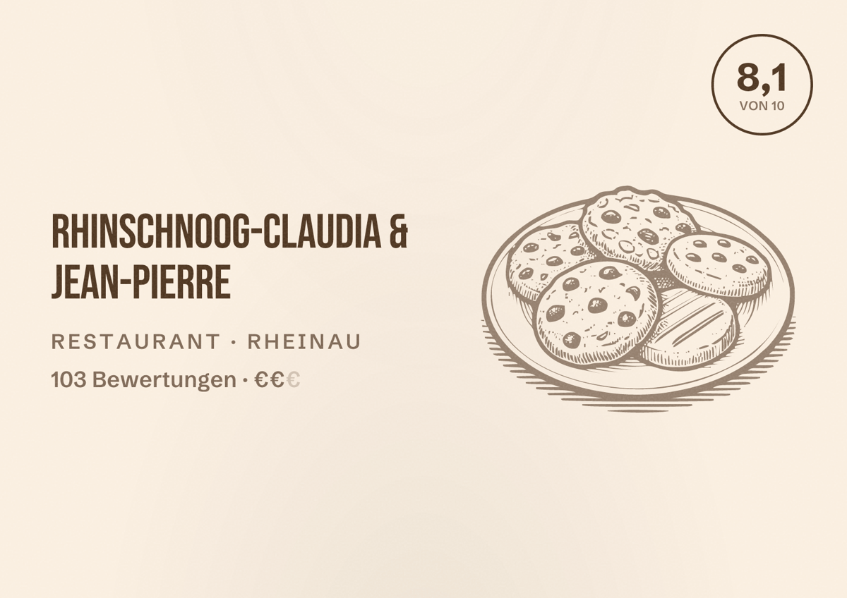 Illustriertes Poster von Rhinschnoog-Claudia & Jean-Pierre, Restaurant in Rheinau: Bewertung 8,1 von 10 aus 103 Bewertungen, Preisniveau €€
