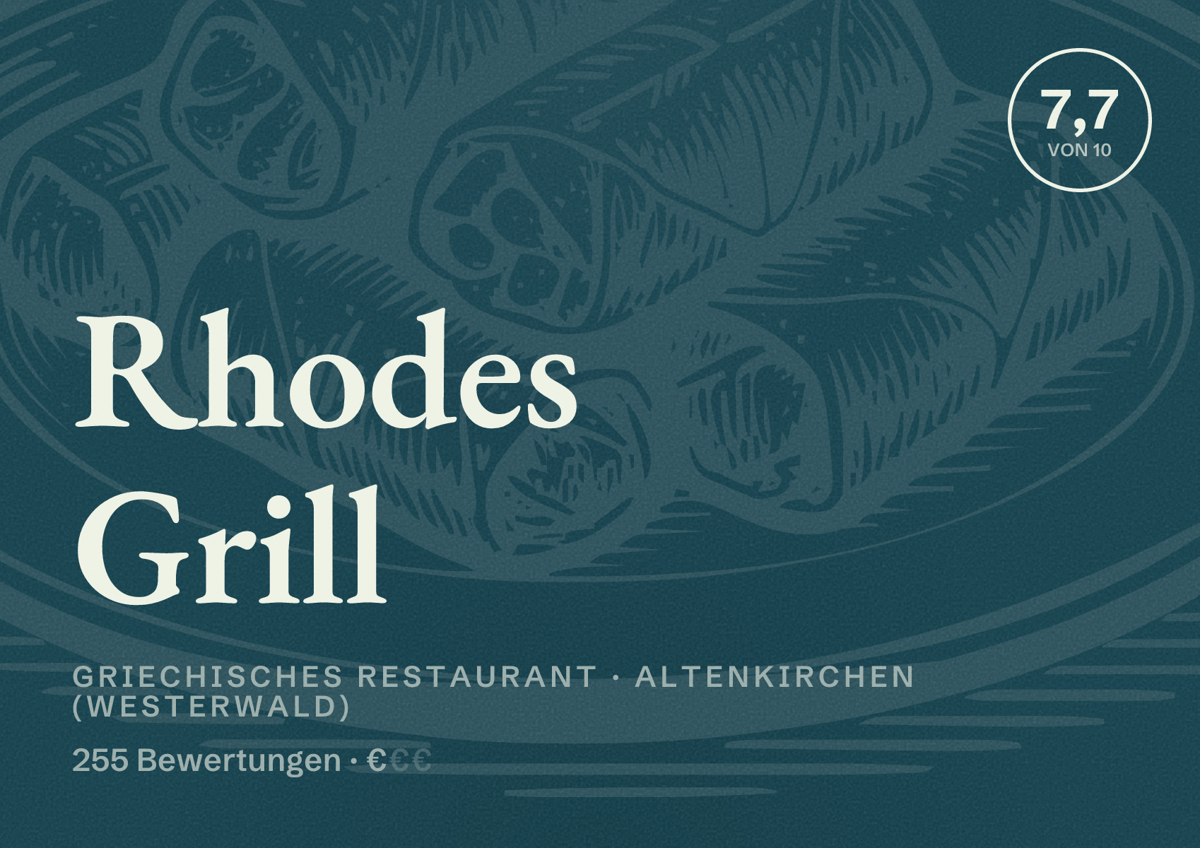 Illustriertes Poster von Rhodes Grill, Griechisches Restaurant in Altenkirchen (Westerwald): Bewertung 7,7 von 10 aus 255 Bewertungen, Preisniveau €