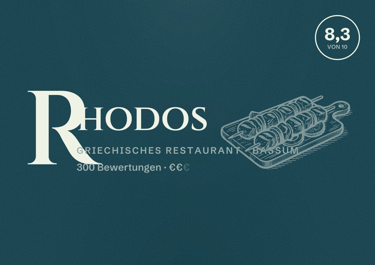 Illustriertes Poster von Rhodos, Griechisches Restaurant in Bassum: Bewertung 8,3 von 10 aus 300 Bewertungen, Preisniveau €€