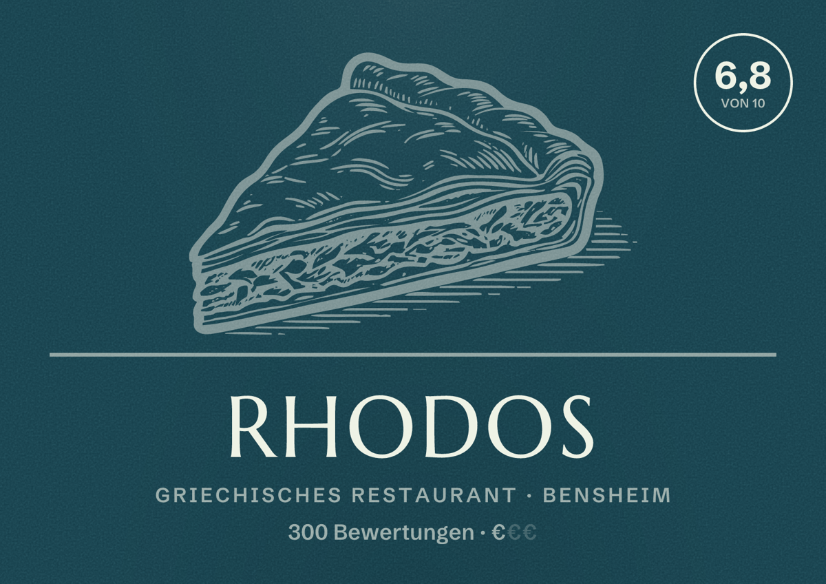 Illustriertes Poster von Rhodos, Griechisches Restaurant in Bensheim: Bewertung 6,8 von 10 aus 300 Bewertungen, Preisniveau €