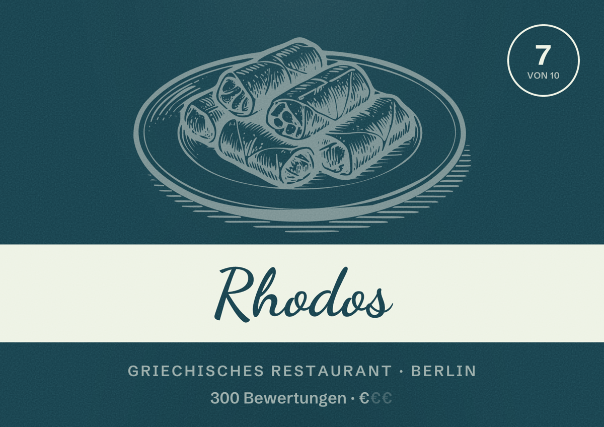 Illustriertes Poster von Rhodos, Griechisches Restaurant in Berlin: Bewertung 7,0 von 10 aus 300 Bewertungen, Preisniveau €