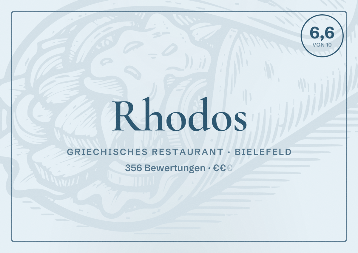 Illustriertes Poster von Rhodos, Griechisches Restaurant in Bielefeld: Bewertung 6,6 von 10 aus 356 Bewertungen, Preisniveau €€