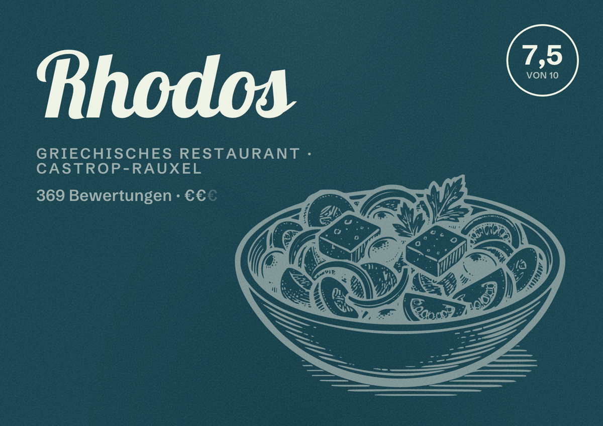 Illustriertes Poster von Rhodos, Griechisches Restaurant in Castrop-Rauxel: Bewertung 7,5 von 10 aus 369 Bewertungen, Preisniveau €€