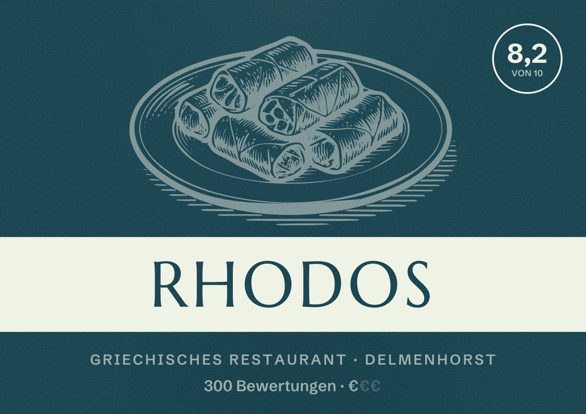 Illustriertes Poster von RHODOS, Griechisches Restaurant in Delmenhorst: Bewertung 8,2 von 10 aus 300 Bewertungen, Preisniveau €