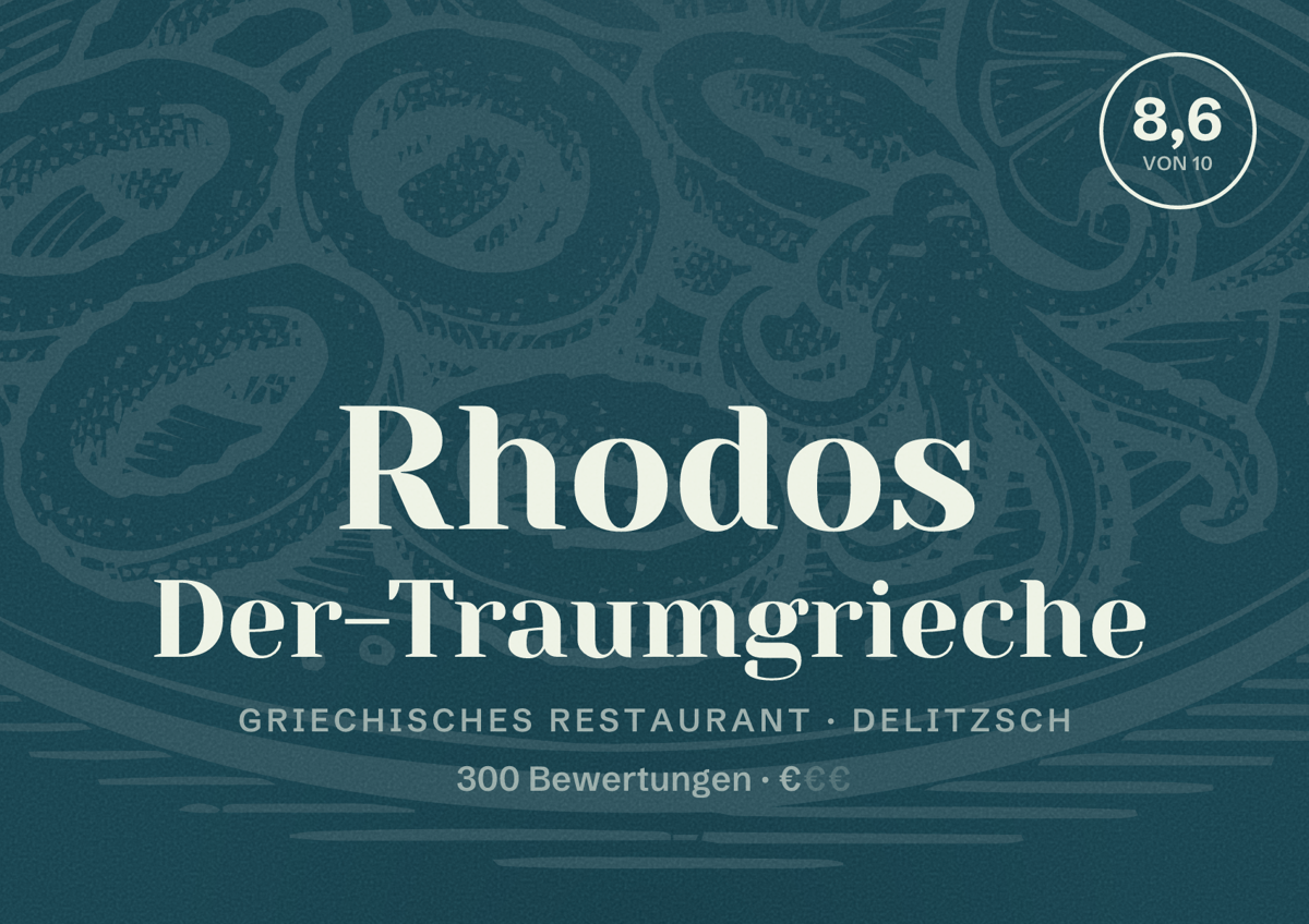 Illustriertes Poster von Rhodos Der-Traumgrieche, Griechisches Restaurant in Delitzsch: Bewertung 8,6 von 10 aus 300 Bewertungen, Preisniveau €