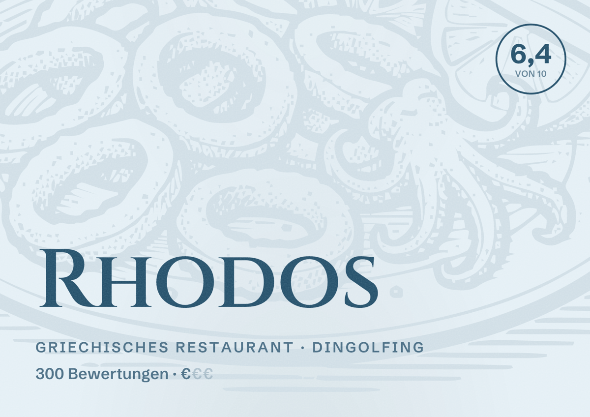 Illustriertes Poster von Rhodos, Griechisches Restaurant in Dingolfing: Bewertung 6,4 von 10 aus 300 Bewertungen, Preisniveau €