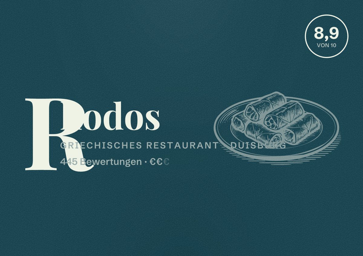 Illustriertes Poster von Rhodos, Griechisches Restaurant in Duisburg: Bewertung 8,9 von 10 aus 445 Bewertungen, Preisniveau €€