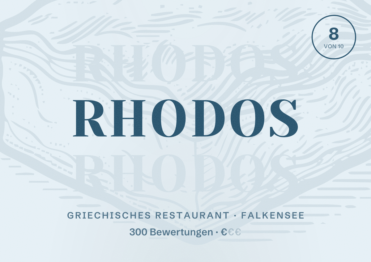 Illustriertes Poster von Rhodos, Griechisches Restaurant in Falkensee: Bewertung 8 von 10 aus 300 Bewertungen, Preisniveau €