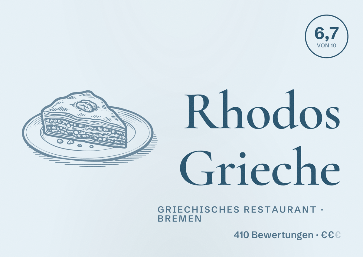Illustriertes Poster von Rhodos Grieche, Griechisches Restaurant in Bremen: Bewertung 6,7 von 10 aus 410 Bewertungen, Preisniveau €€