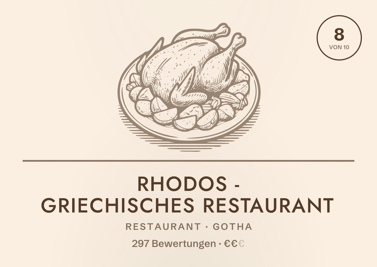 Illustriertes Poster von Rhodos - Griechisches Restaurant, Restaurant in Gotha: Bewertung 8 von 10 aus 297 Bewertungen, Preisniveau €€