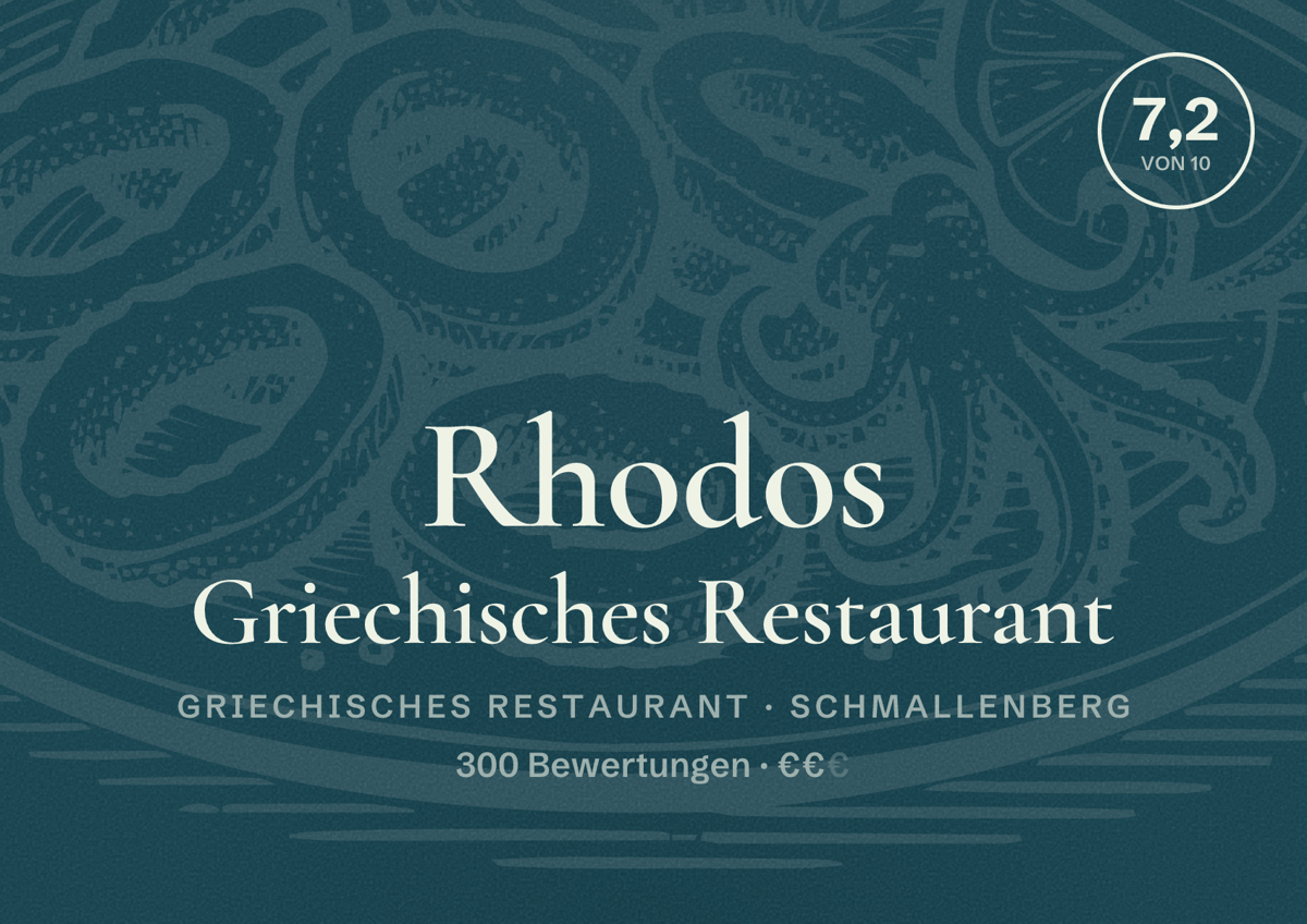 Illustriertes Poster von Rhodos Griechisches Restaurant, Griechisches Restaurant in Schmallenberg: Bewertung 7,2 von 10 aus 300 Bewertungen, Preisniveau €€