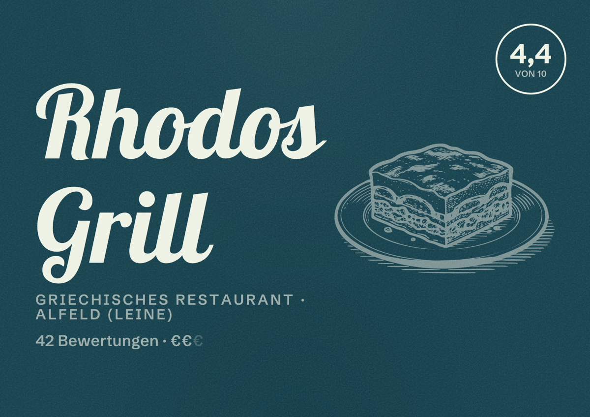 Illustriertes Poster von Rhodos Grill, Griechisches Restaurant in Alfeld (Leine): Bewertung 4,4 von 10 aus 42 Bewertungen, Preisniveau €€
