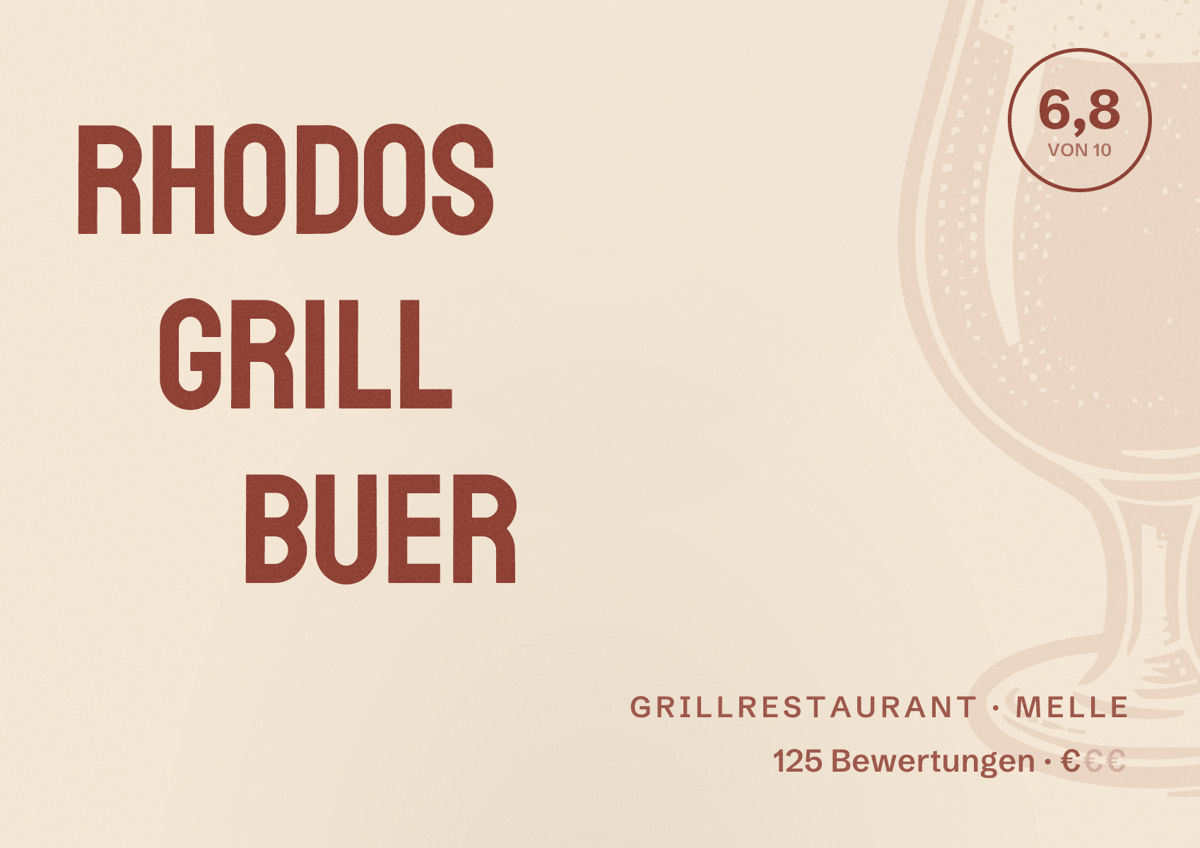 Illustriertes Poster von Rhodos Grill Buer, Grillrestaurant in Melle: Bewertung 6,8 von 10 aus 125 Bewertungen, Preisniveau €