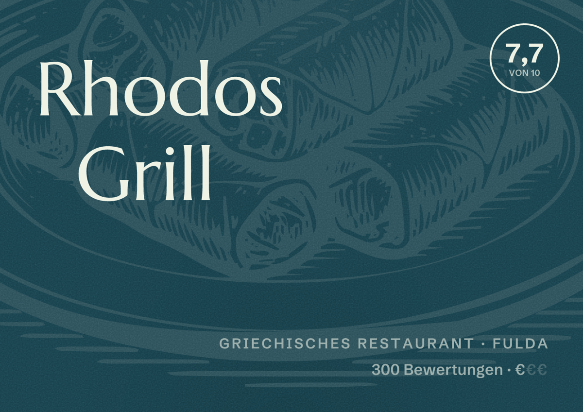 Illustriertes Poster von Rhodos Grill, Griechisches Restaurant in Fulda: Bewertung 7,7 von 10 aus 300 Bewertungen, Preisniveau €