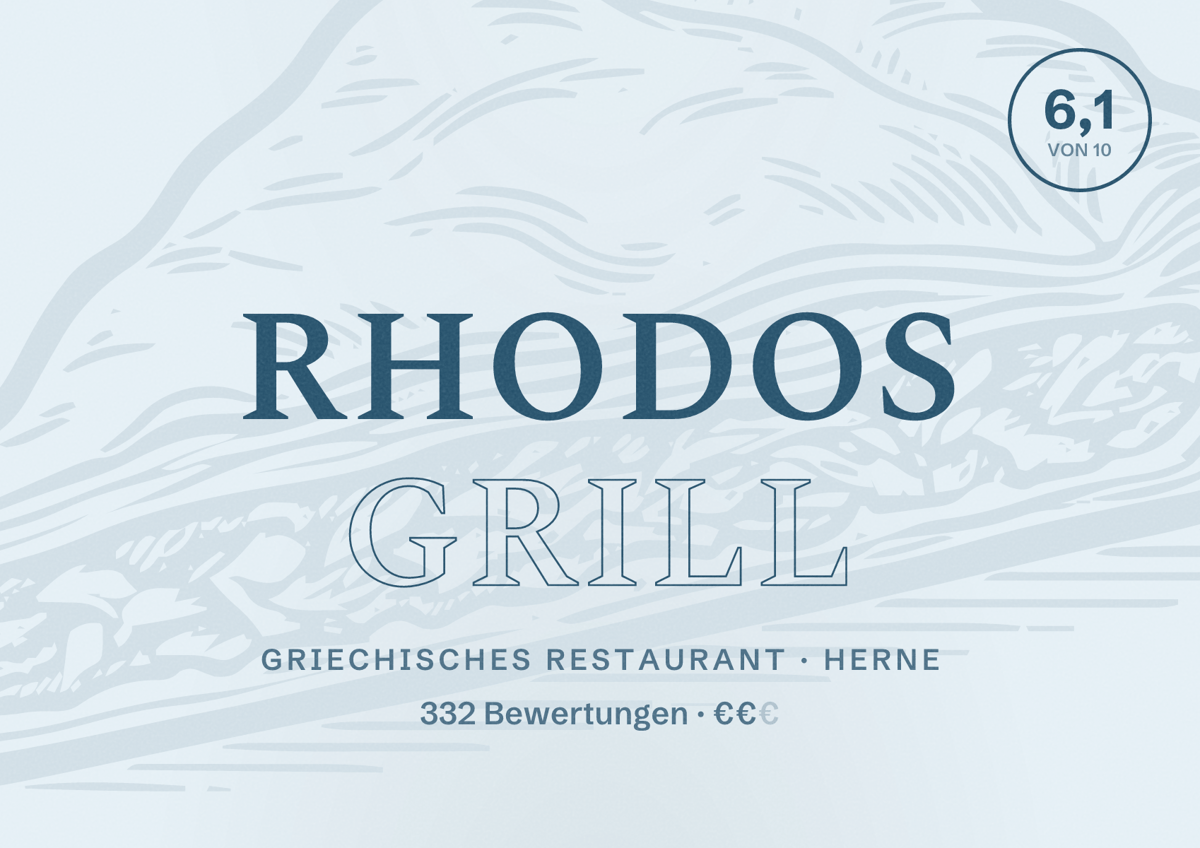 Illustriertes Poster von Rhodos Grill, Griechisches Restaurant in Herne: Bewertung 6,1 von 10 aus 332 Bewertungen, Preisniveau €€