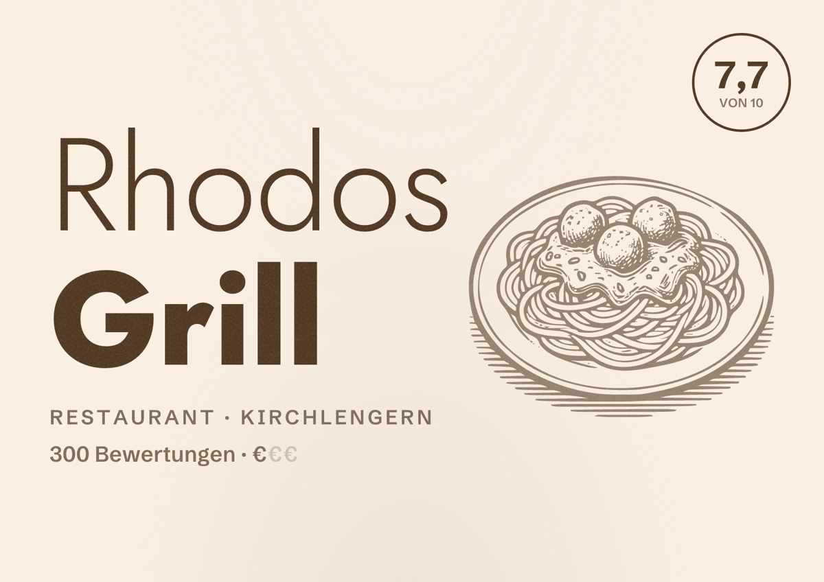 Illustriertes Poster von Rhodos Grill, Restaurant in Kirchlengern: Bewertung 7,7 von 10 aus 300 Bewertungen, Preisniveau €