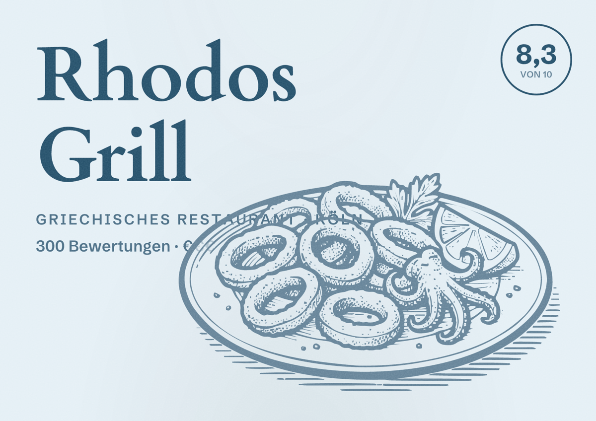 Illustriertes Poster von Rhodos Grill, Griechisches Restaurant in Köln: Bewertung 8,3 von 10 aus 300 Bewertungen, Preisniveau €