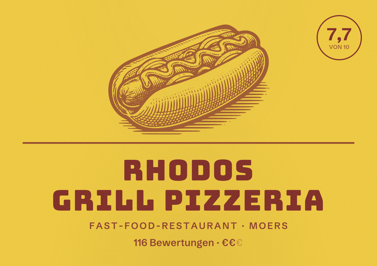 Illustriertes Poster von Rhodos Grill Pizzeria, Fast-Food-Restaurant in Moers: Bewertung 7,7 von 10 aus 116 Bewertungen, Preisniveau €€