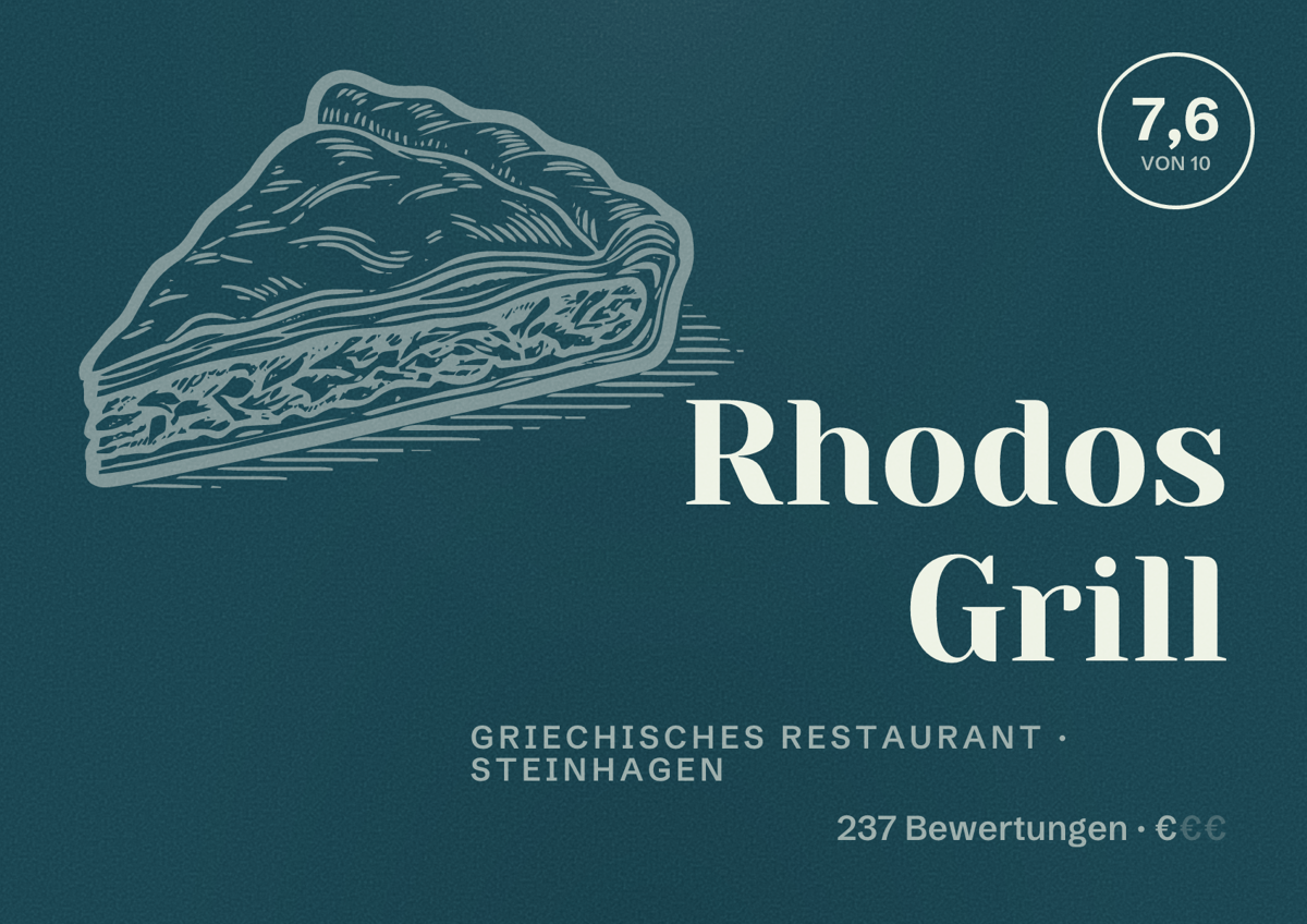 Illustriertes Poster von Rhodos Grill, Griechisches Restaurant in Steinhagen: Bewertung 7,6 von 10 aus 237 Bewertungen, Preisniveau €